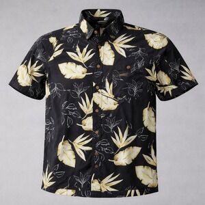 Knightsbridge Tropical Button Down Mens Large Black Yellow Rayon Floral Shirt
